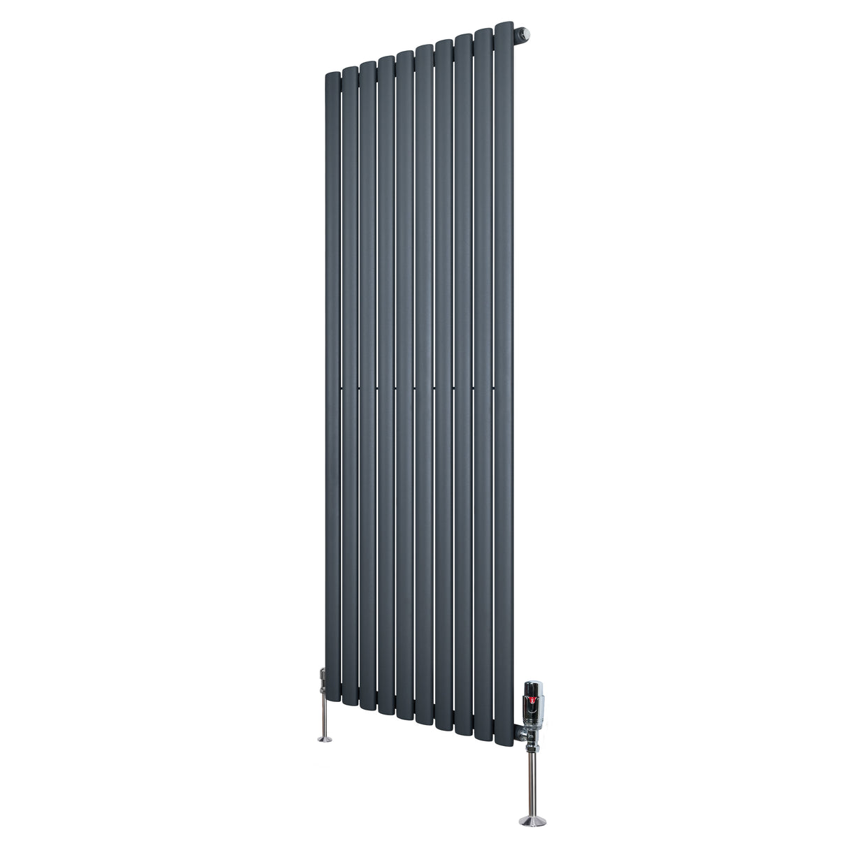 Radiador de coluna oval cinza antracite, 1600 mm x 600 mm, com acabamento liso e válvulas metálicas, ideal para aquecimento eficiente