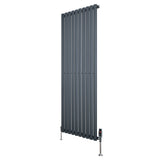 Radiador de coluna oval cinza antracite, 1600 mm x 600 mm, com acabamento liso e válvulas metálicas, ideal para aquecimento eficiente