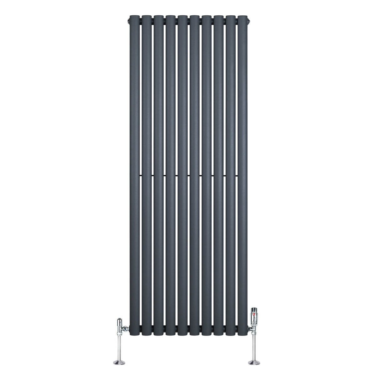 Radiador de coluna simples oval cinza antracite, com design vertical e válvulas cromadas, ideal para aquecimento eficiente