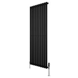Radiador de coluna simples oval preto, com design elegante, 1600 mm x 600 mm, apresentando válvulas na base e acabamento liso