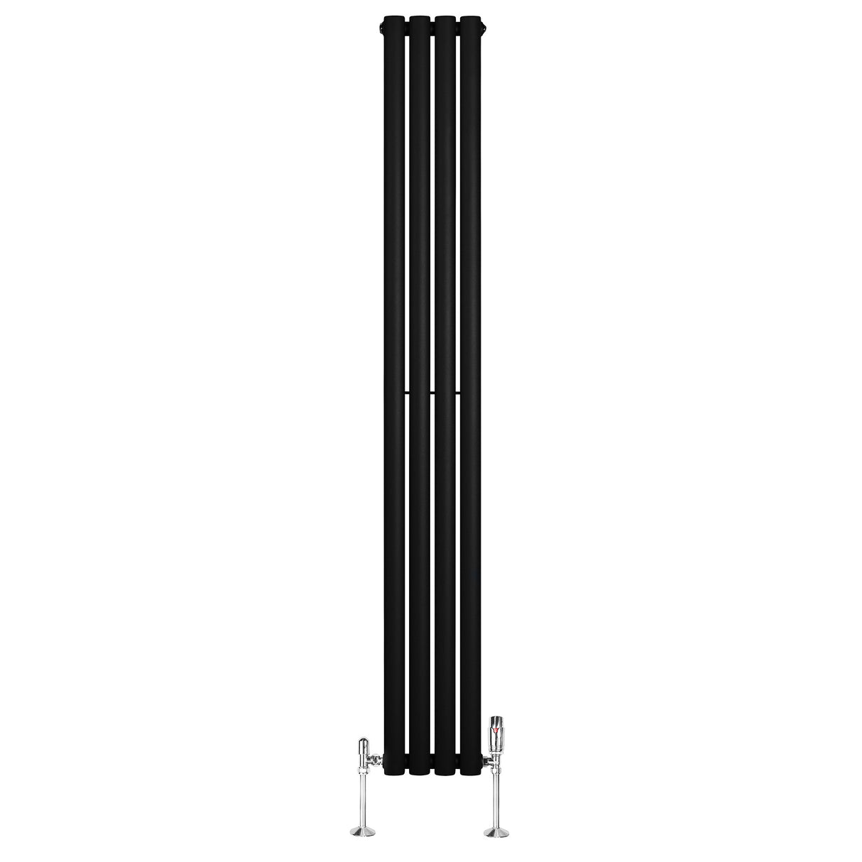 Radiador de coluna simples oval preto, com design elegante e moderno, medindo 1800 mm x 240 mm, equipado com válvulas cromadas
