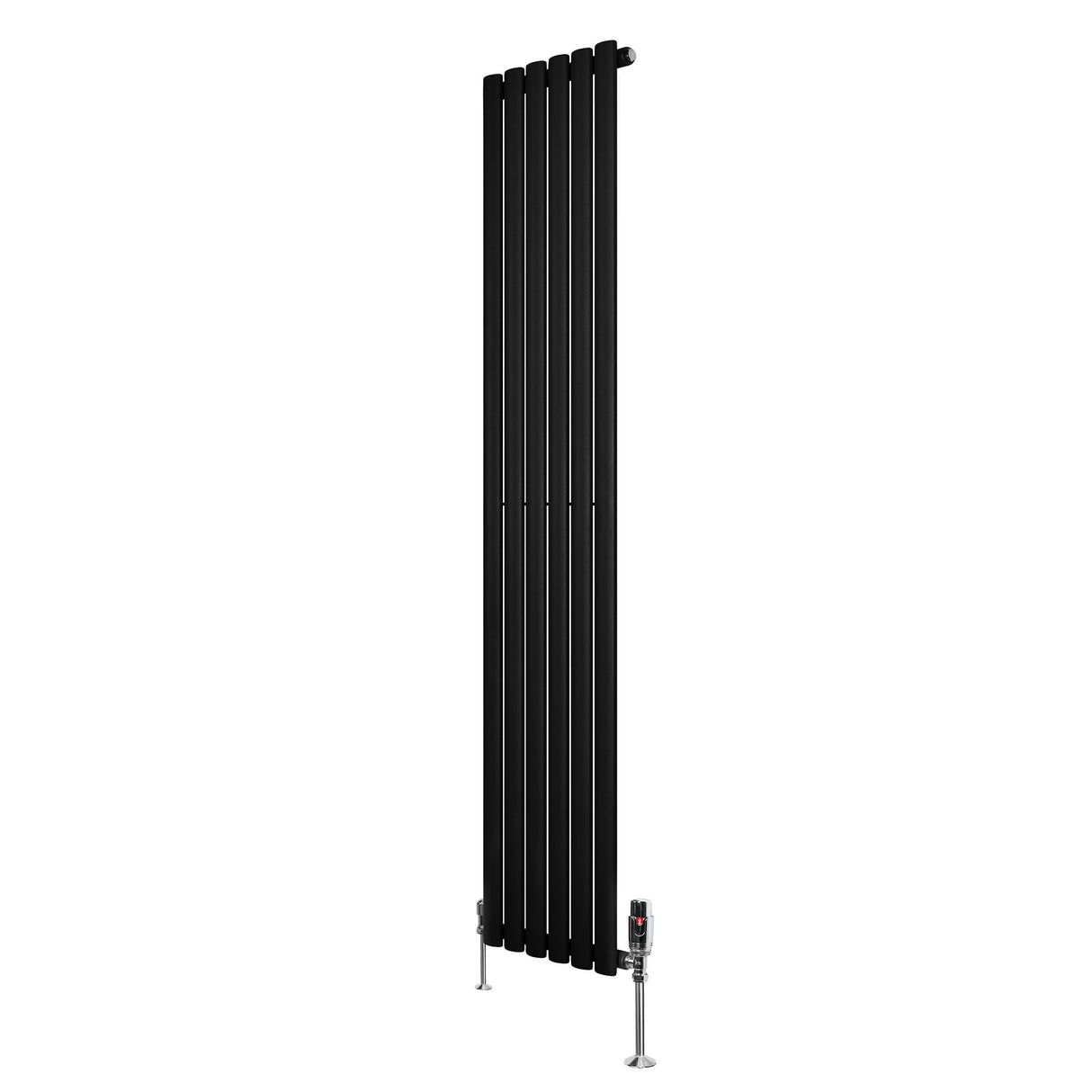 Radiador de coluna simples oval preto, 1800 mm x 360 mm, com acabamento liso e válvulas cromadas, ideal para aquecimento eficiente