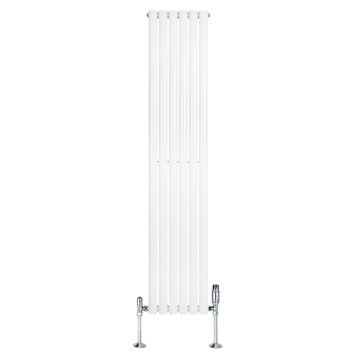 Radiador de coluna oval branco, com design vertical, 1800 mm x 360 mm, equipado com válvulas cromadas nas extremidades