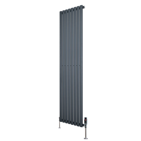 Radiador de coluna simples oval cinza antracite, 1800 mm x 480 mm, com acabamento liso e válvulas na parte inferior