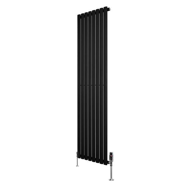Radiador de coluna simples oval preto, com design elegante e moderno, medindo 1800 mm x 480 mm, equipado com válvulas funcionais