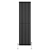 Radiador de coluna simples oval preto, com design vertical, 1800 mm x 480 mm, e válvulas cromadas na base para aquecimento eficiente