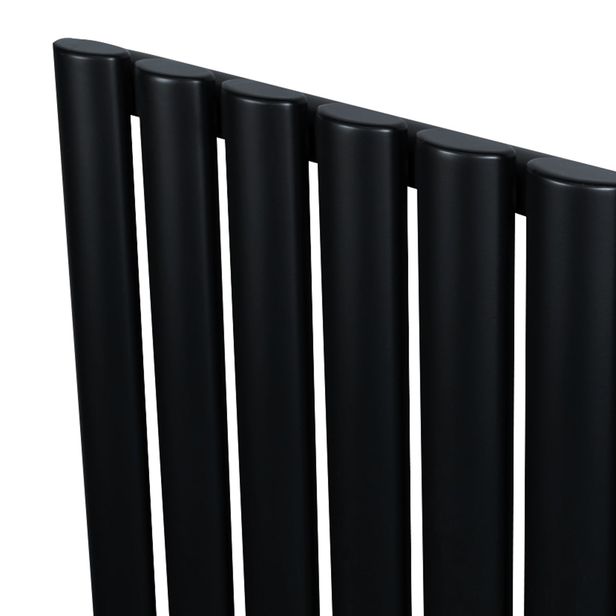 Radiador de coluna simples oval preto com acabamento liso, medindo 1800 mm x 480 mm, destacando suas válvulas integradas