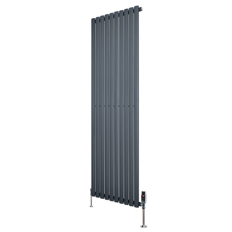 Radiador de coluna simples oval cinza antracite, com design vertical e válvulas, medindo 1800 mm x 600 mm, ideal para aquecimento eficiente