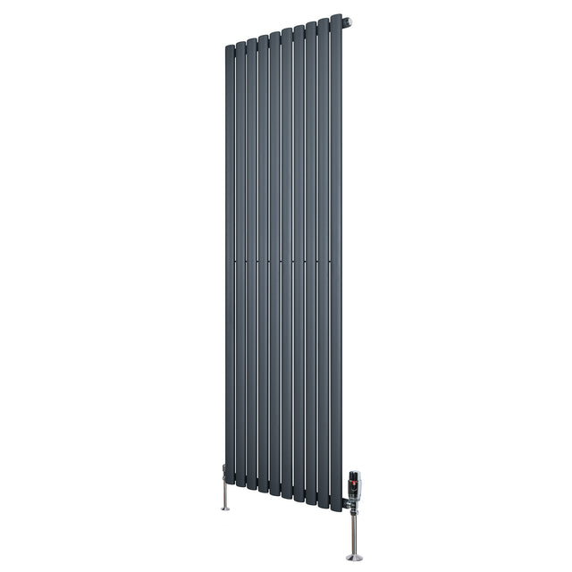 Radiador de coluna simples oval cinza antracite, com design vertical e válvulas, medindo 1800 mm x 600 mm, ideal para aquecimento eficiente