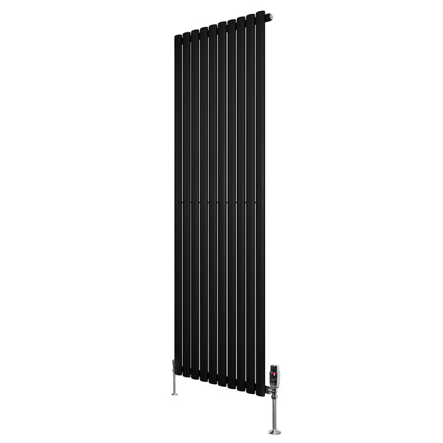 Radiador de coluna simples oval preto, com design elegante e válvulas, medindo 1800 mm x 600 mm, ideal para aquecimento moderno