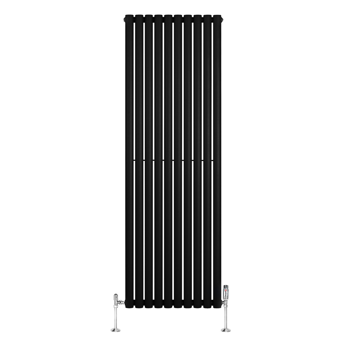 Radiador de coluna simples oval preto, 1800 mm x 600 mm, com acabamento liso e válvulas laterais elegantes, ideal para aquecimento moderno