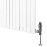 Radiador de coluna simples oval branco de 1800 mm x 600 mm, com acabamento liso e válvulas cromadas brilhantes na base