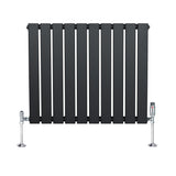 Radiador plano de coluna simples cinza antracite, com design elegante e listras retas, equipado com válvulas cromadas brilhantes