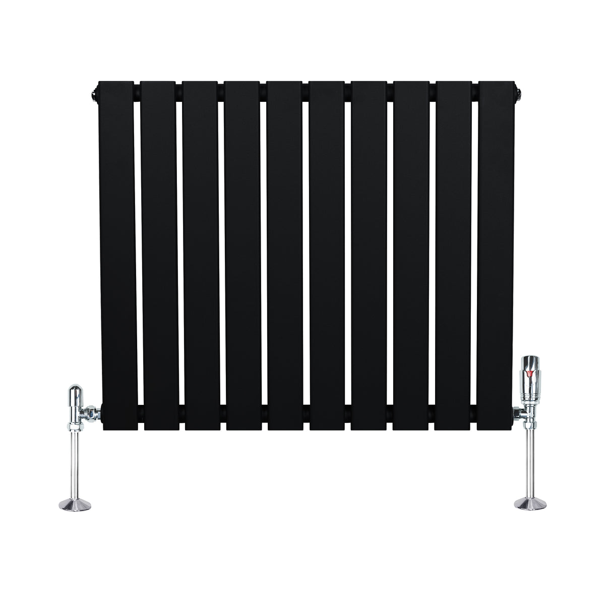 Radiador plano de coluna simples, 600 x 700 mm, com acabamento preto e válvulas cromadas, ideal para aquecimento eficiente e moderno