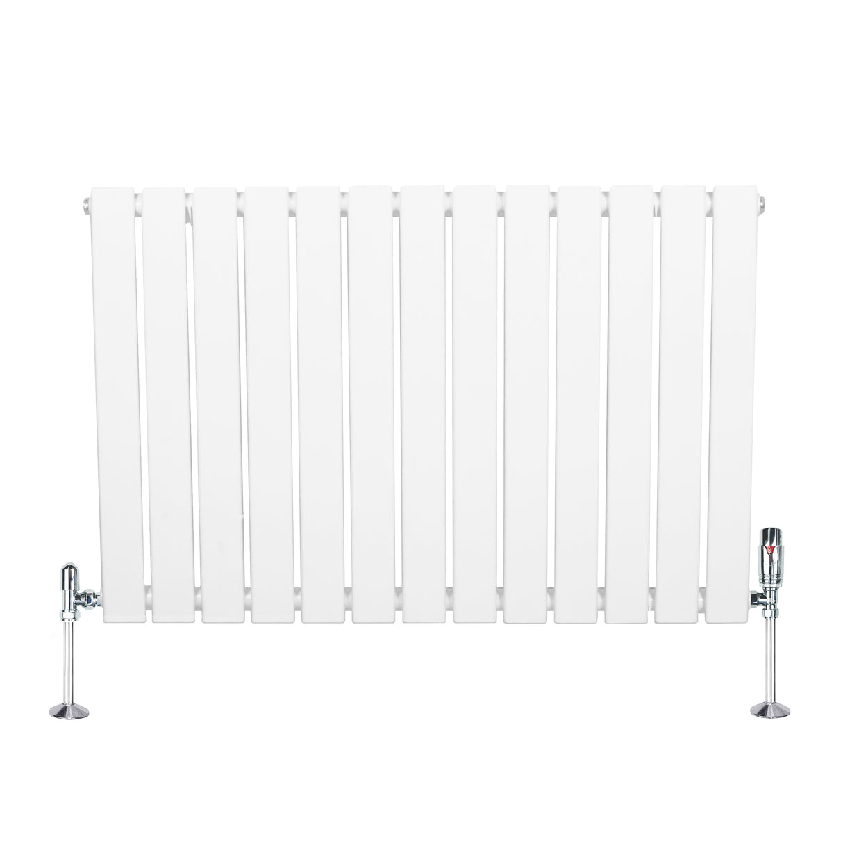 Radiador plano de coluna simples branco com válvulas, medindo 600 x 910 mm, apresentando design moderno e acabamento liso