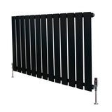 Radiador plano de coluna simples, 600 x 910 mm, na cor preta, com design moderno e válvulas laterais em metal prateado