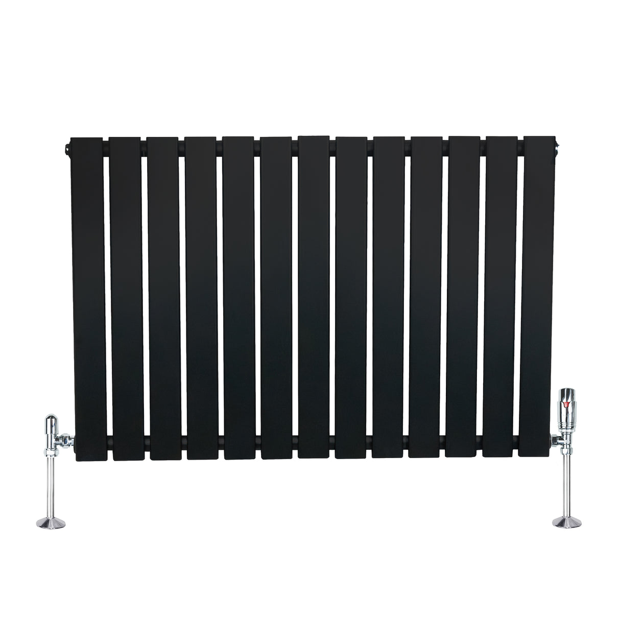 Radiador plano de coluna simples, 600 x 910 mm, com acabamento preto e válvulas cromadas, ideal para aquecimento eficiente e moderno