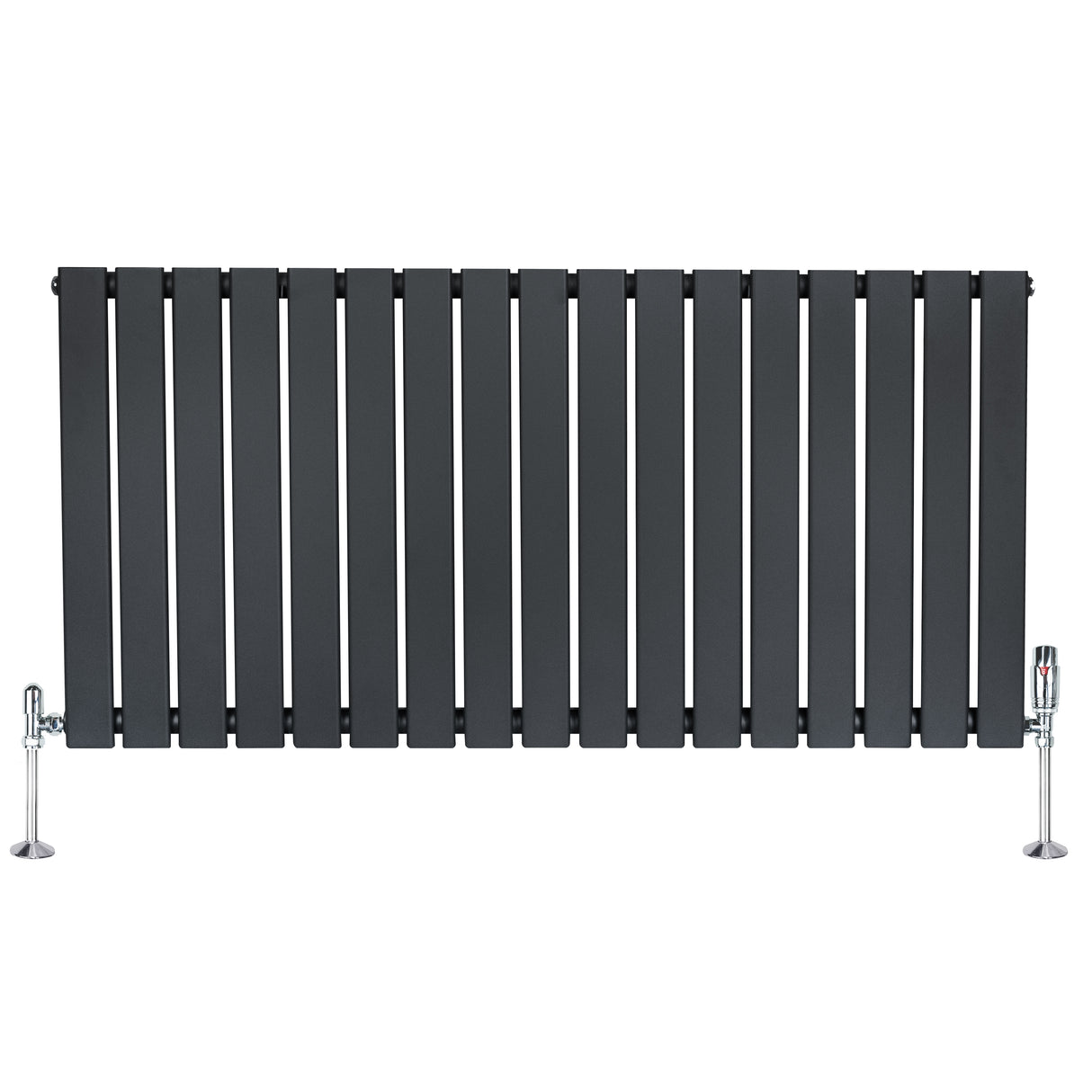 Radiador plano de coluna simples cinza antracite, com design moderno e listras verticais, equipado com válvulas em metal brilhante