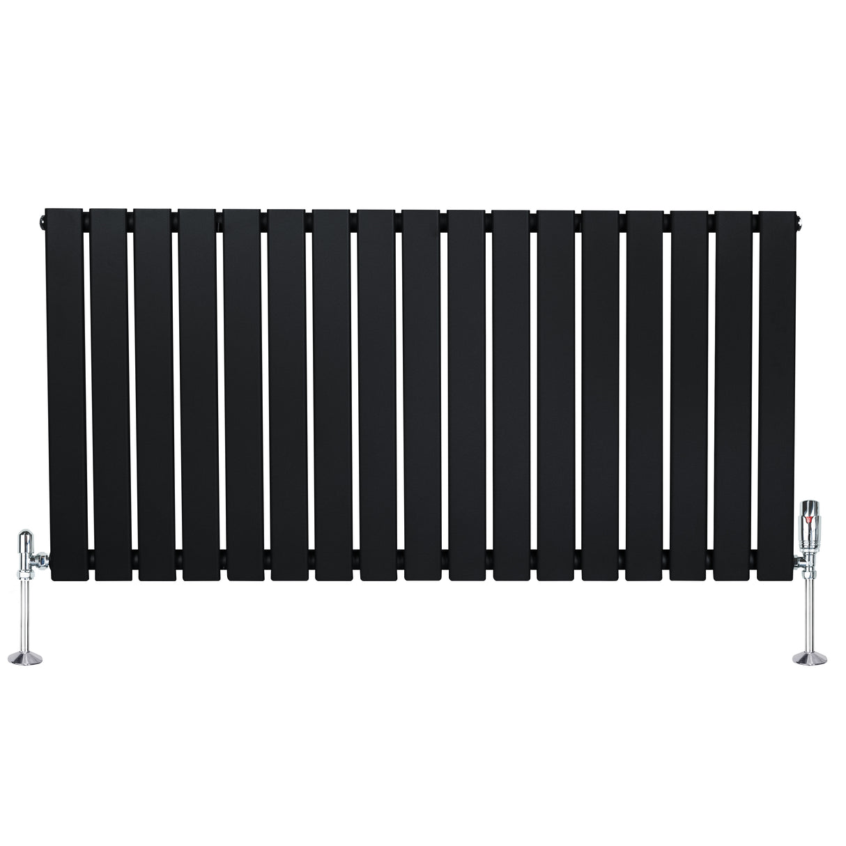 Radiador plano de coluna simples, 600 x 1190 mm, com acabamento preto fosco e válvulas cromadas, ideal para aquecimento eficiente