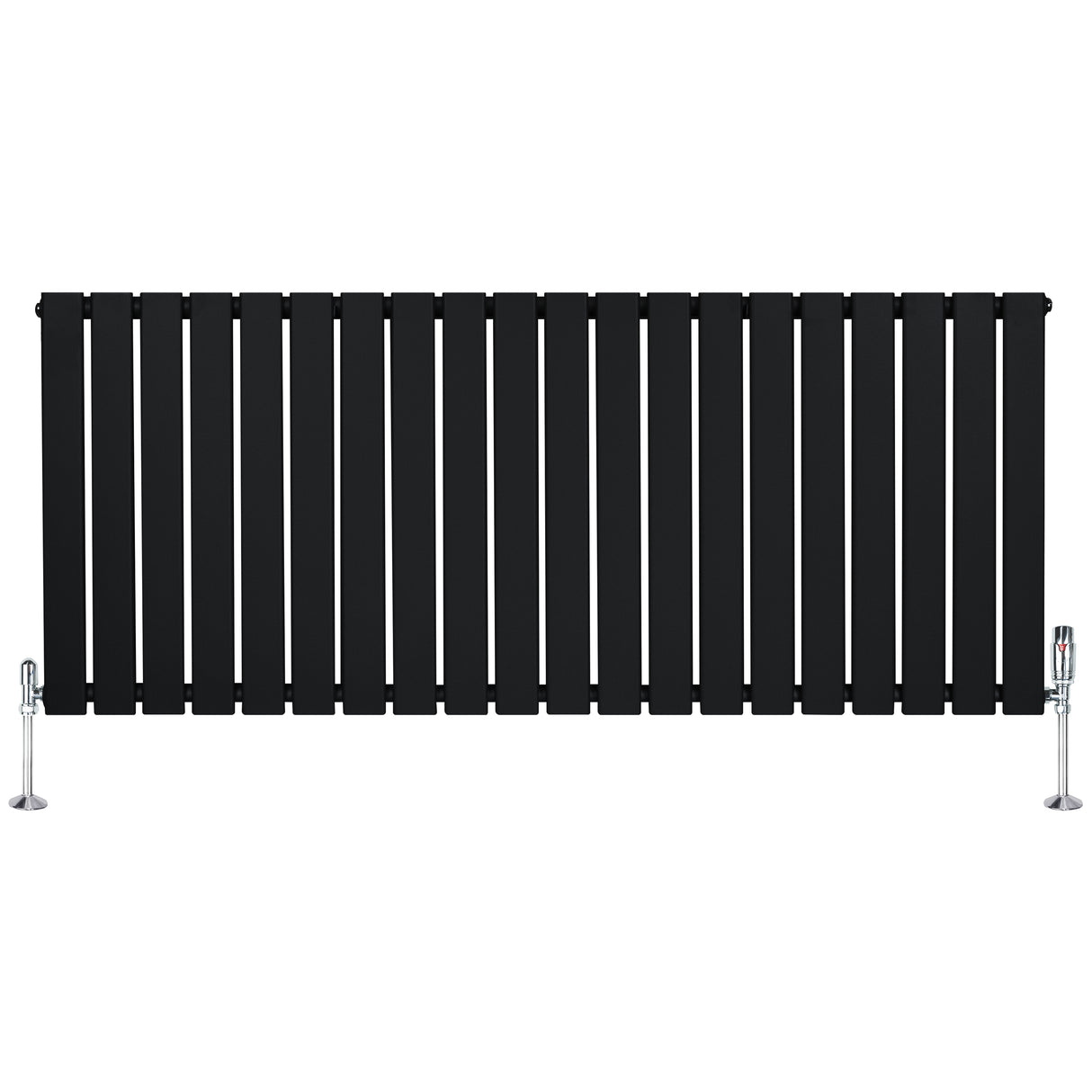 Radiador plano de coluna simples, 600 x 1400 mm, com acabamento preto, design moderno e válvulas em metal prateado, ideal para aquecimento