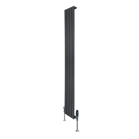 Radiador plano de coluna simples em cinza antracite, com design vertical e válvulas, ideal para aquecimento eficiente em ambientes modernos
