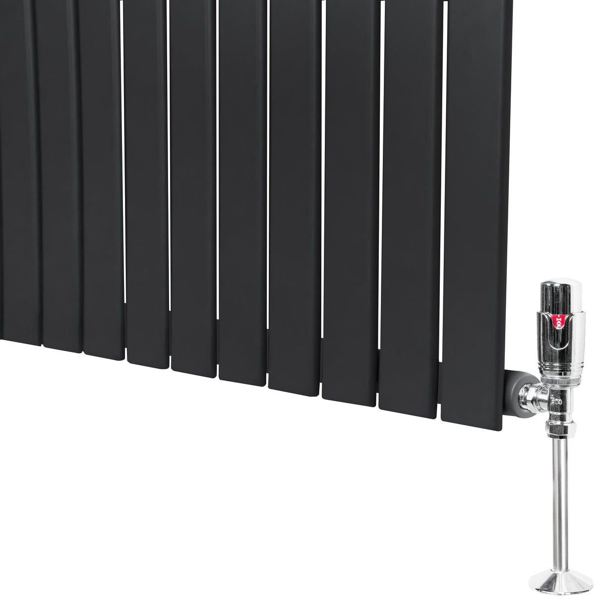 Radiador plano de coluna simples em cinza antracite, com design moderno e válvulas cromadas, ideal para aquecimento eficiente