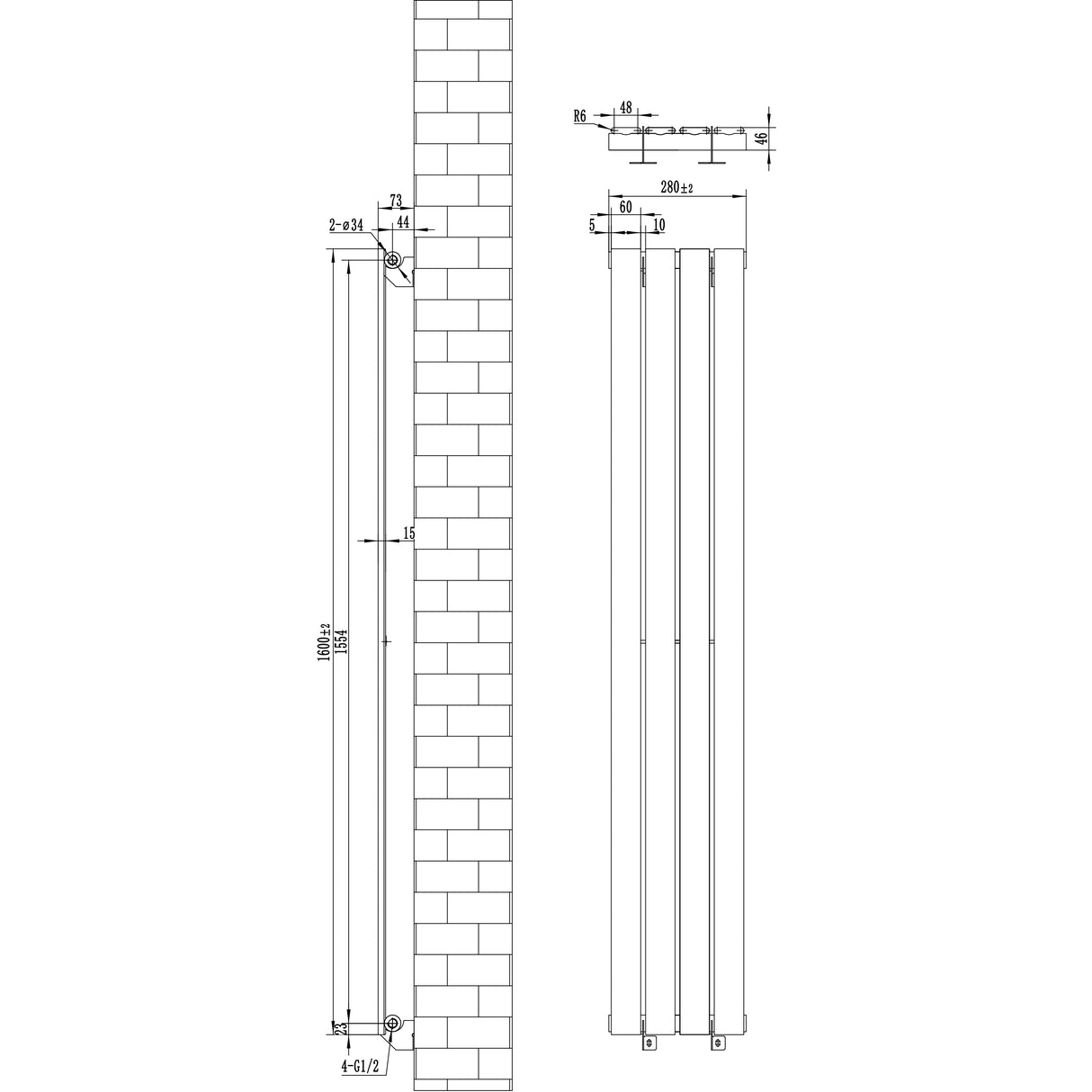 Radiador plano de coluna simples cinza antracite, dimensões 1600 x 280 mm, com design elegante e acabamento liso, ideal para aquecimento