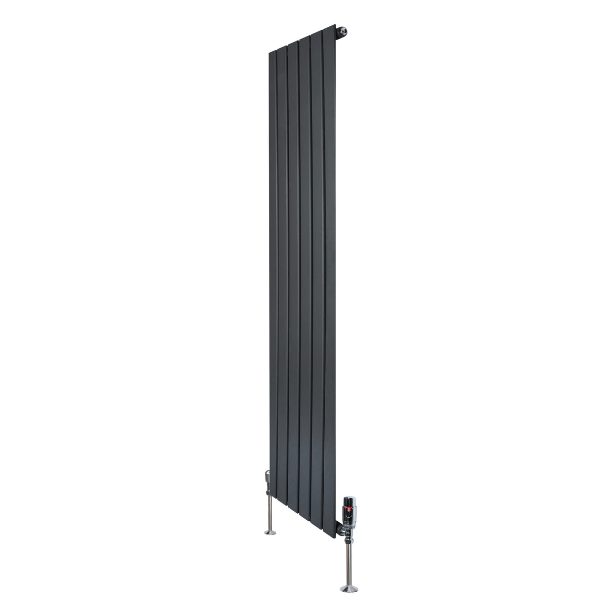 Radiador plano de coluna simples em cinzento antracite, com design vertical e válvulas, ideal para aquecimento moderno e eficiente
