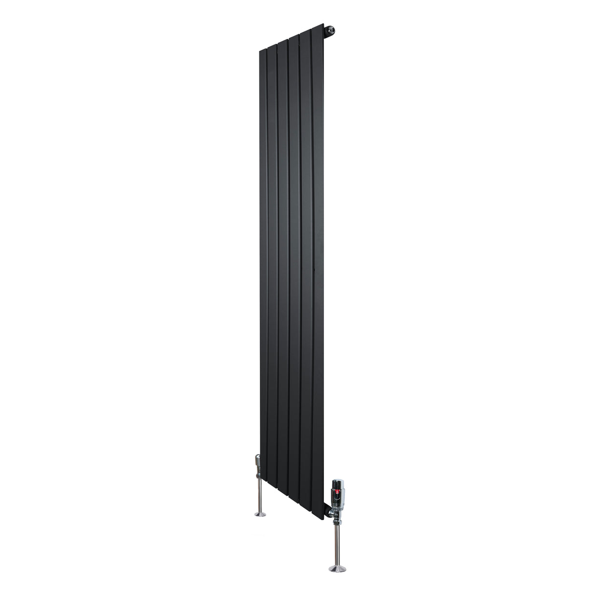 Radiador plano de coluna simples, 1600 x 420 mm, acabamento preto, com design vertical e válvulas na base para aquecimento eficiente