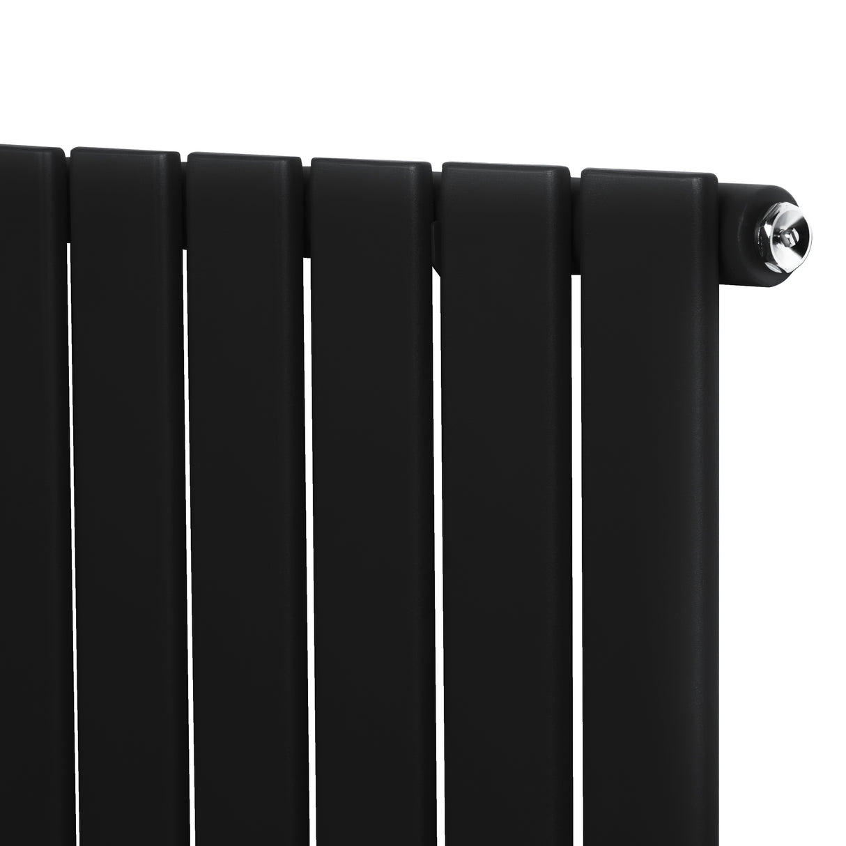 Radiador plano de coluna simples, 1600 × 420 mm, com acabamento preto fosco e válvulas metálicas brilhantes, design moderno e elegante