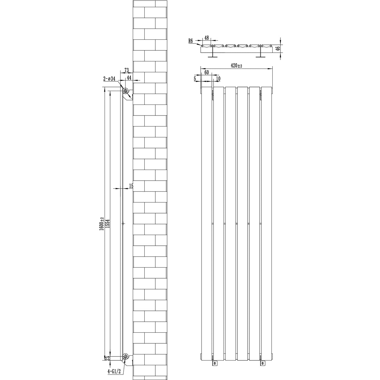Radiador plano de coluna simples, preto, com válvulas, dimensões de 1600 × 420 mm, design elegante e moderno, ideal para aquecimento