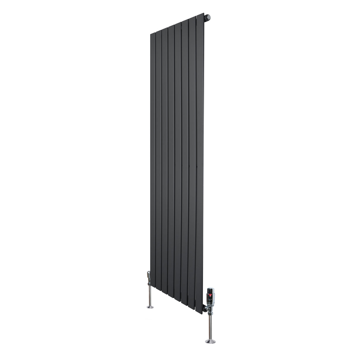 Radiador plano de coluna simples em cinza antracite, com design vertical e válvulas, ideal para aquecimento eficiente e moderno