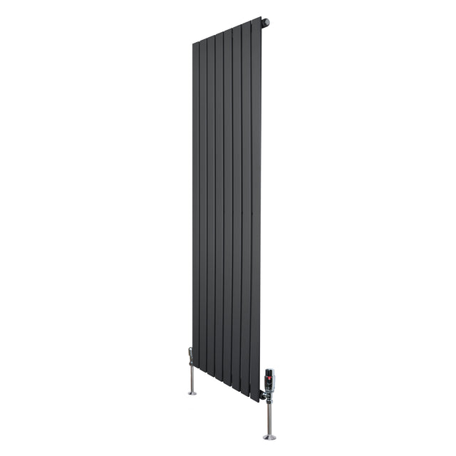 Radiador plano de coluna simples em cinza antracite, com design vertical e válvulas, ideal para aquecimento eficiente e moderno