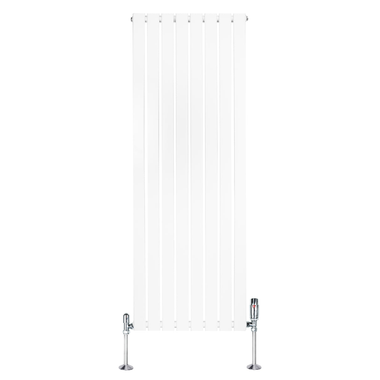 Radiador plano de coluna simples branco, 1600 x 560 mm, com válvulas cromadas, design moderno e superfície lisa e brilhante