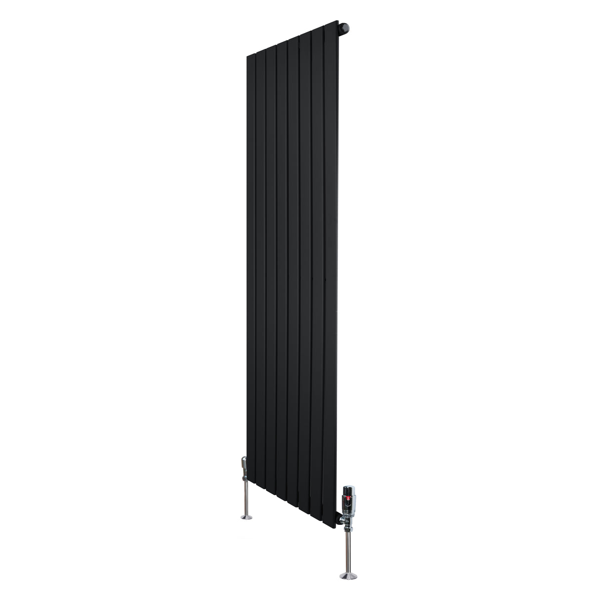 Radiador plano de coluna simples, 1600 x 560 mm, na cor preta, com design moderno e válvulas em metal prateado, ideal para aquecimento