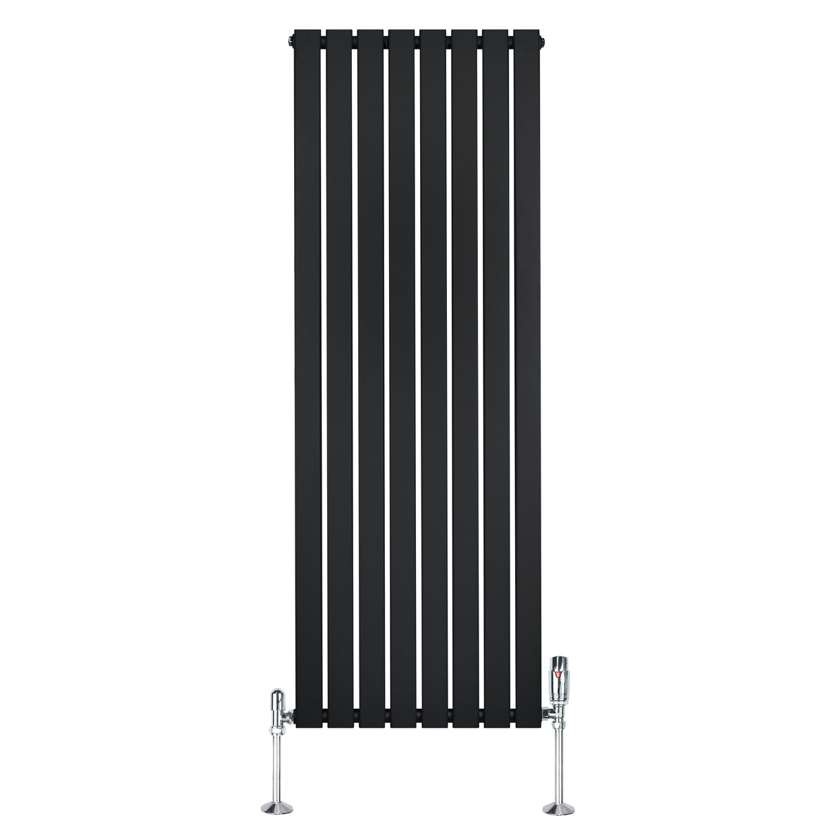 Radiador plano de coluna simples em preto, com design vertical e válvulas na base, ideal para aquecimento eficiente e moderno
