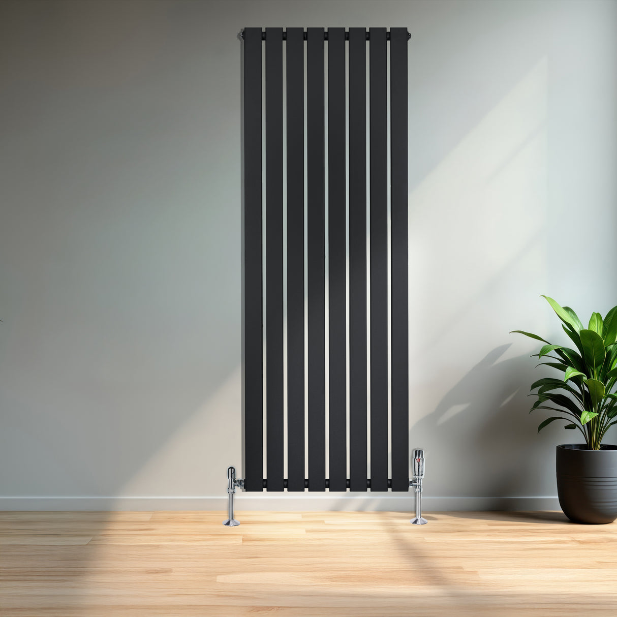 Radiador plano de coluna simples, 1600 x 560 mm, com acabamento preto, linhas retas e válvulas, ideal para aquecimento moderno