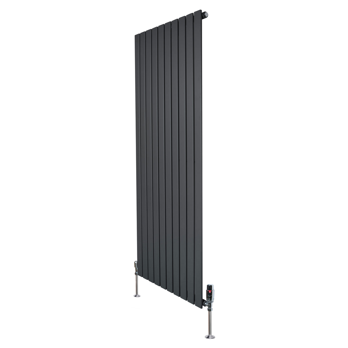 Radiador plano de coluna simples cinzento antracite, 1600 x 700 mm, com design elegante e válvulas na base para aquecimento eficiente