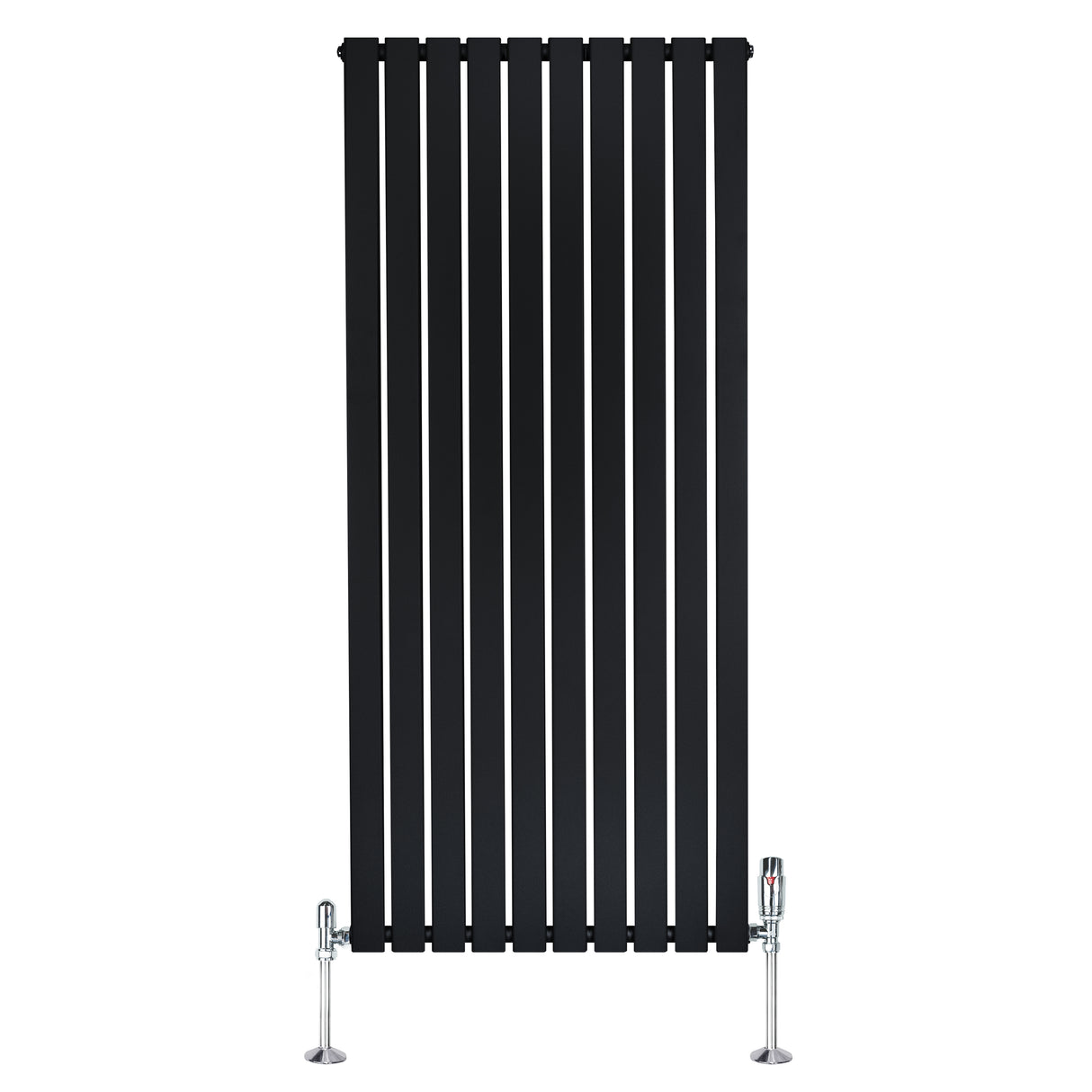 Radiador plano de coluna simples, 1600 x 700 mm, na cor preta, com acabamento liso e válvulas cromadas nas extremidades
