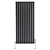 Radiador plano de coluna simples, 1600 x 700 mm, na cor preta, com acabamento liso e válvulas cromadas nas extremidades
