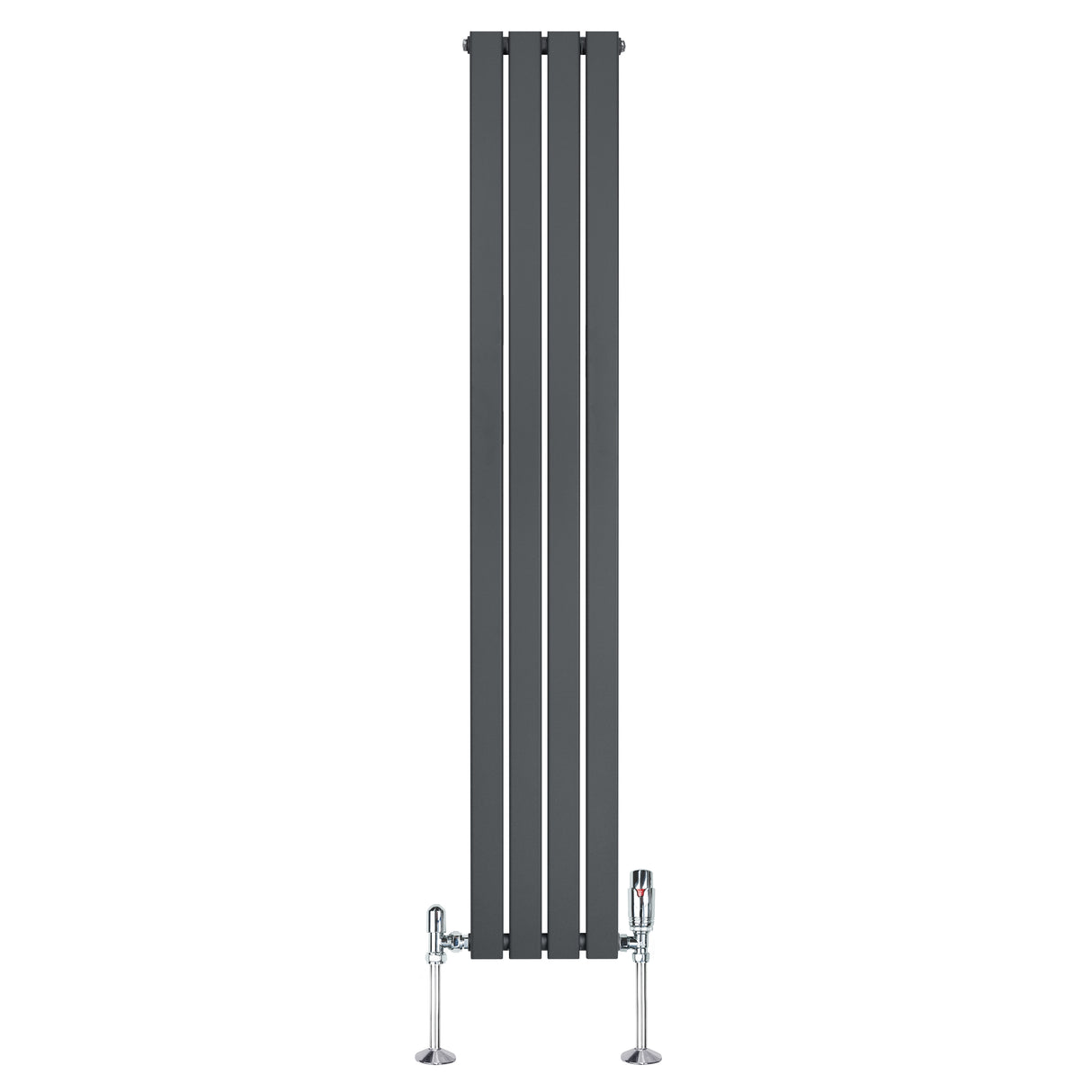 Radiador plano de coluna simples em cinzento antracite, com design vertical e válvulas cromadas, ideal para aquecimento eficiente