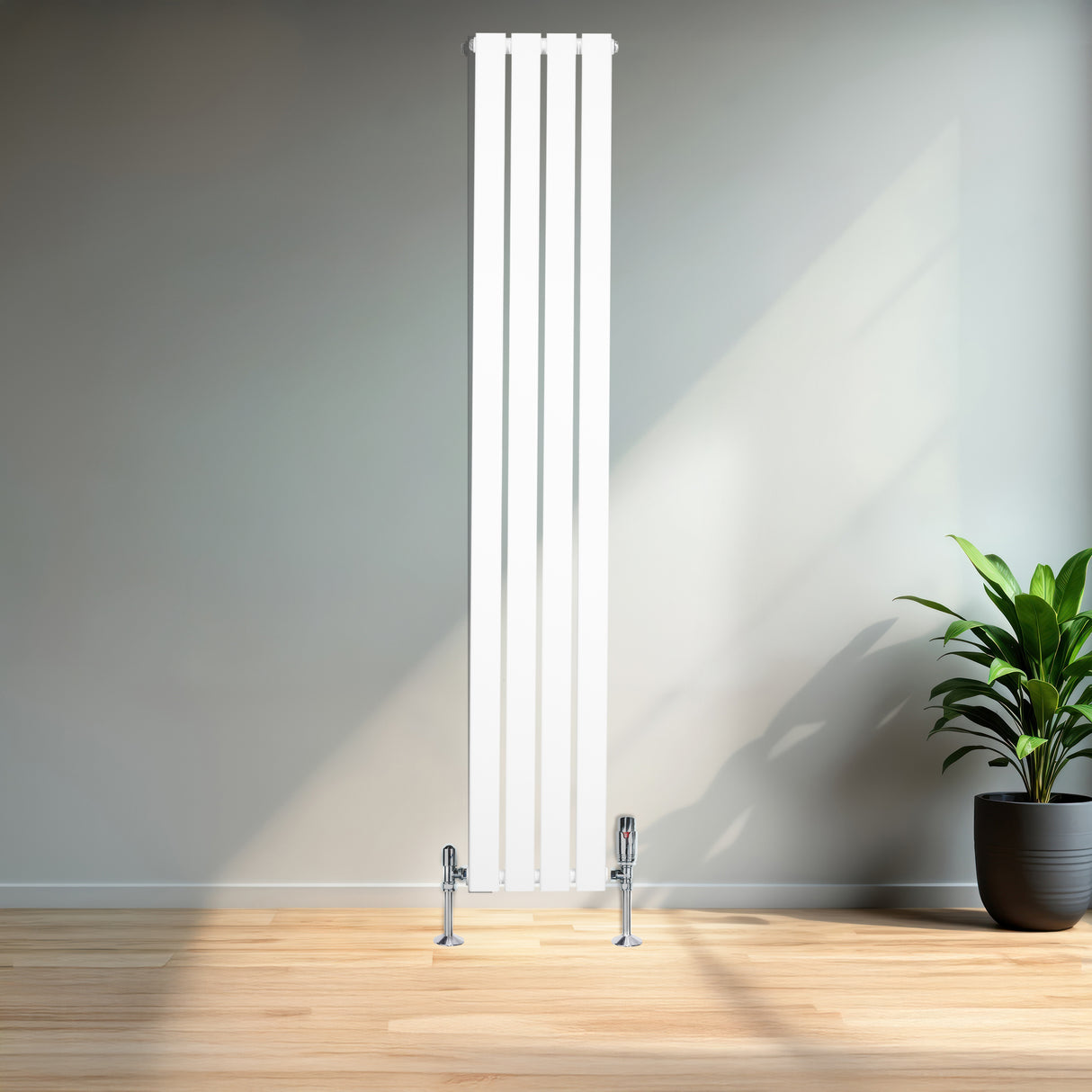 Radiador plano de coluna simples branco, 1800 mm x 280 mm, com válvulas, instalado em ambiente moderno com piso de madeira e planta decorativa
