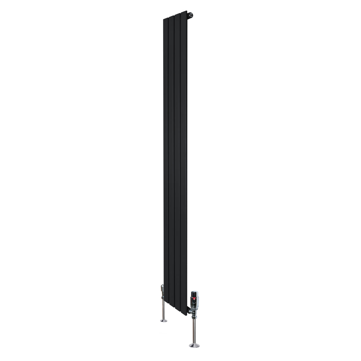 Radiador plano de coluna simples, 1800 mm x 280 mm, na cor preta, com design elegante e válvulas na base para instalação fácil