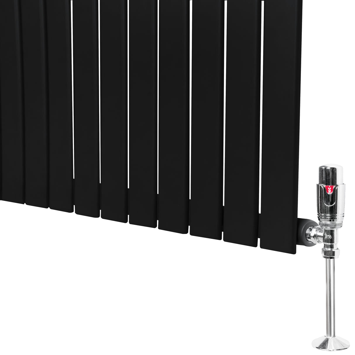 Radiador plano de coluna simples, 1800 mm x 280 mm, acabamento preto fosco, com válvulas de metal brilhante na base