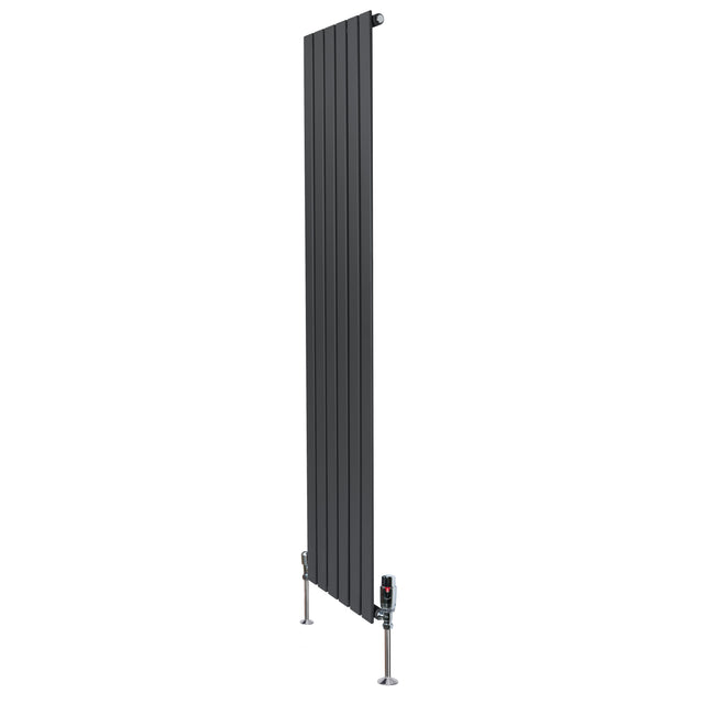 Radiador plano de coluna simples em cinzento antracite, com design vertical e válvulas, medindo 1800 mm x 420 mm
