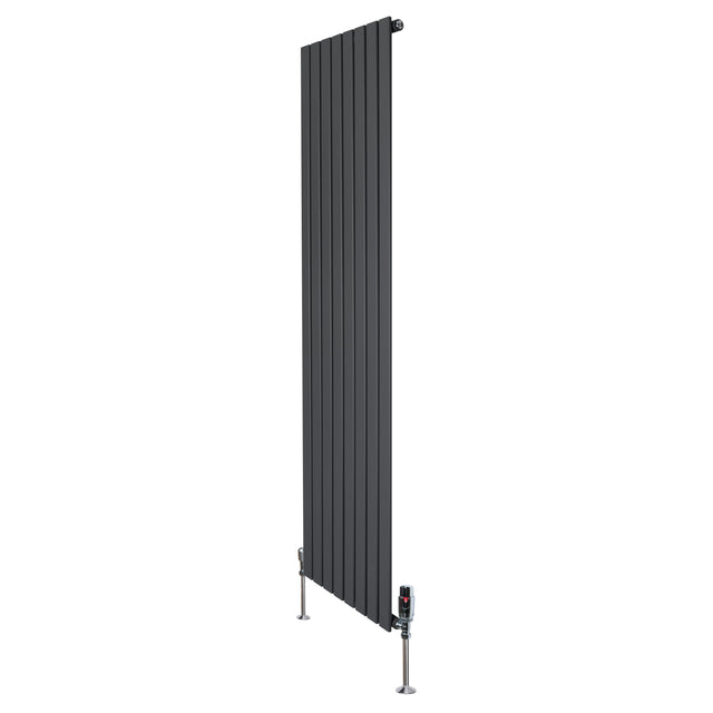 Radiador plano de coluna única cinzento antracite, com design vertical e válvulas, medindo 1800 mm x 560 mm, ideal para aquecimento