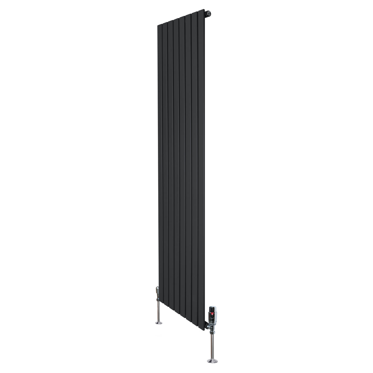 Radiador plano de coluna única, 1800 mm x 560 mm, na cor preta, com design moderno e válvulas cromadas na base