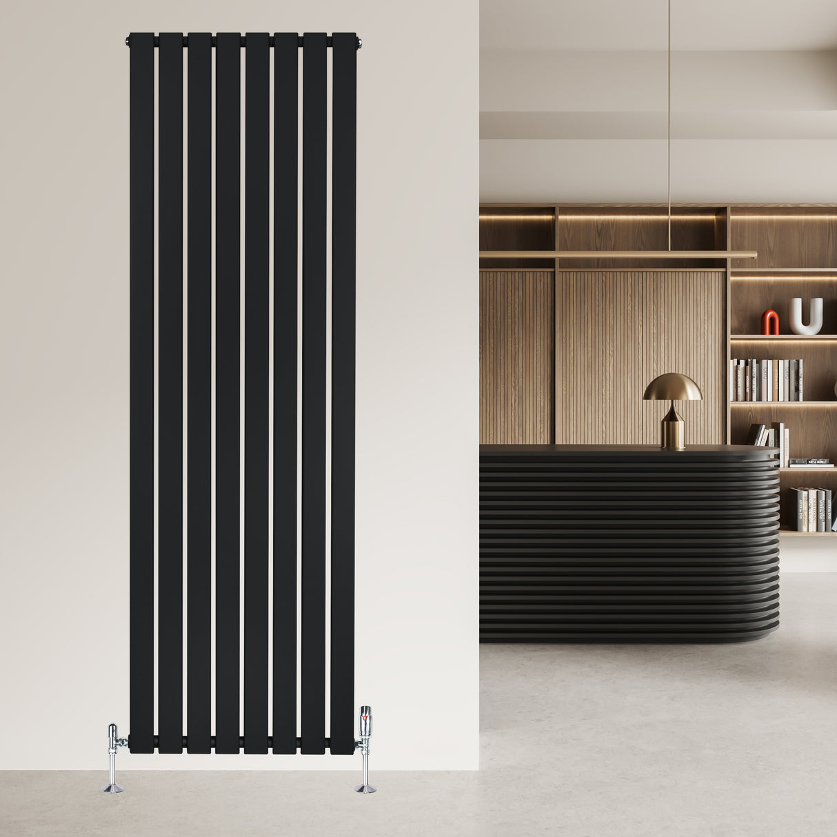 Radiador plano de coluna única, 1800 mm x 560 mm, acabamento preto, com design elegante e moderno, ideal para ambientes contemporâneos