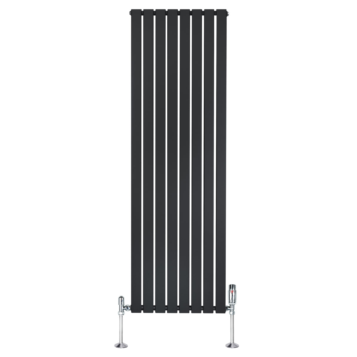 Radiador plano de coluna única, 1800 mm x 560 mm, na cor preta, com acabamento liso e válvulas cromadas na base