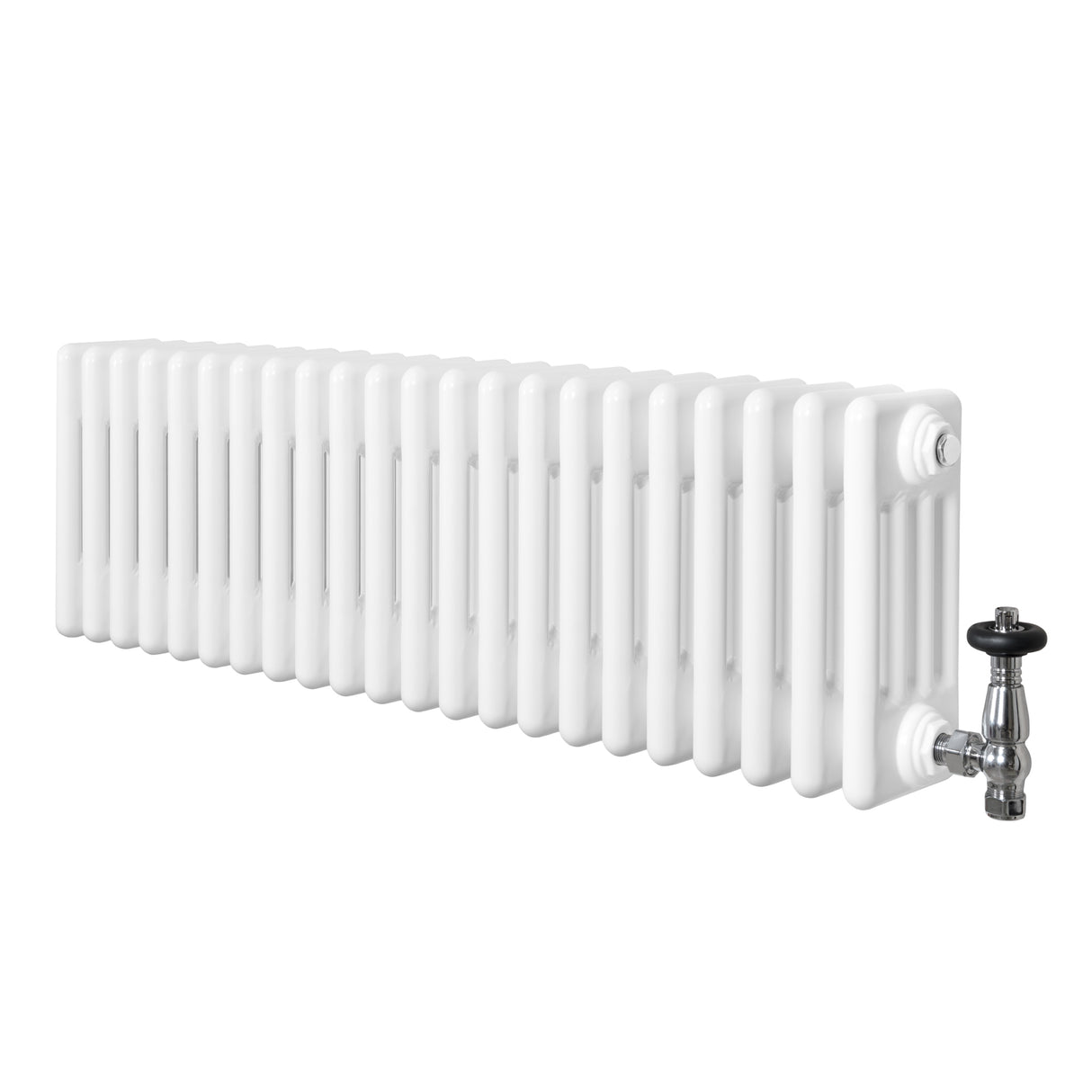 Radiador tradicional de 4 colunas, acabamento branco brilhante, com válvulas, ideal para aquecimento eficiente em ambientes internos
